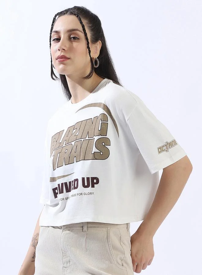 HIGH STAR Women's Off-White 100% Cotton Printed Cropped Boxy Fit T-Shirt